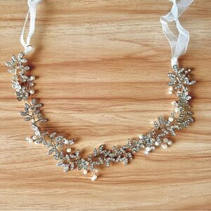 Bridal Headband Rhinestones Gold Floral Crystals Ivory Ribbon Tie Adjustable